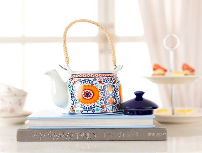Nostalgic Daisy Teapot with Ethnic Tile-Inspired Design