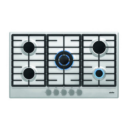 Simfer 90cm Built-in Gas Hob with 5 Burners, Powerful Wok Burner & Cast Iron Pan Supports - Stainless Steel (H9502 VGRM)