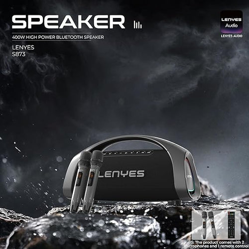 Lenyes S873 High Power Party Bluetooth Speaker - 400W Peak Power - Dynamic RGB Lighting - TWS Function - Includes Dual Wireless Microphones - Remote Control - Heavy Bass - Black Lenyes S873 High Power Party Bluetooth Speaker - 400W Peak Power - Dynamic RGB Lighting - TWS Function - Includes Dual Wireless Microphones - Remote Control - Heavy Bass - Black