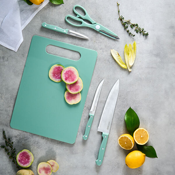 Karaca Sharp 3in1 5-Piece Knife Set with Board, Mint