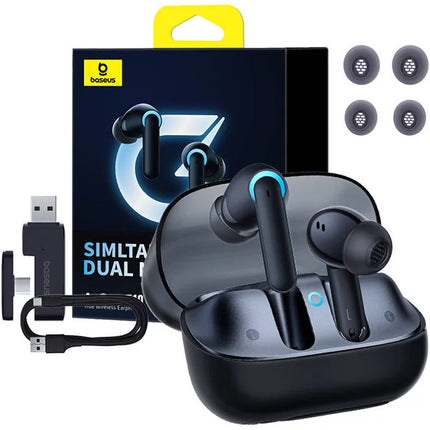 سماعات باسوس إيكور جي 10 (Baseus Aequr G10) لاسلكية للألعاب - اتصال مزدوج (بلوتوث 5.3 ومحول 2.4 جيجاهرتز) - تأخير منخفض جداً 25 مللي ثانية - صوت محيطي ثلاثي الأبعاد - إلغاء ضوضاء المكالمات ENC