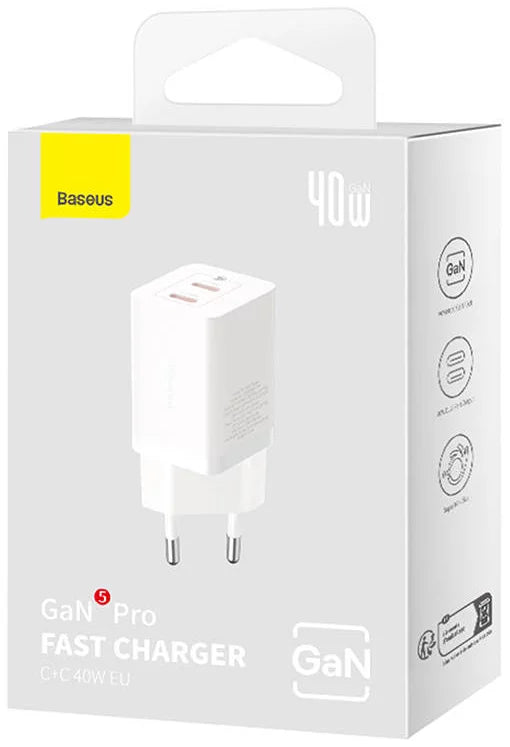 Baseus GaN5 Pro 40W Dual USB-C Wall Charger - Fast Charging Station - PD 3.0 & QC 3.0 Support - Compact Gallium Nitride Technology - Intelligent Power Split - Multi-Device Compatibility for iPhone, MacBook, and Samsung Baseus GaN5 Pro 40W Dual USB-C Wall Charger - Fast Charging Station - PD 3.0 & QC 3.0 Support - Compact Gallium Nitride Technology - Intelligent Power Split - Multi-Device Compatibility for iPhone, MacBook, and Samsung