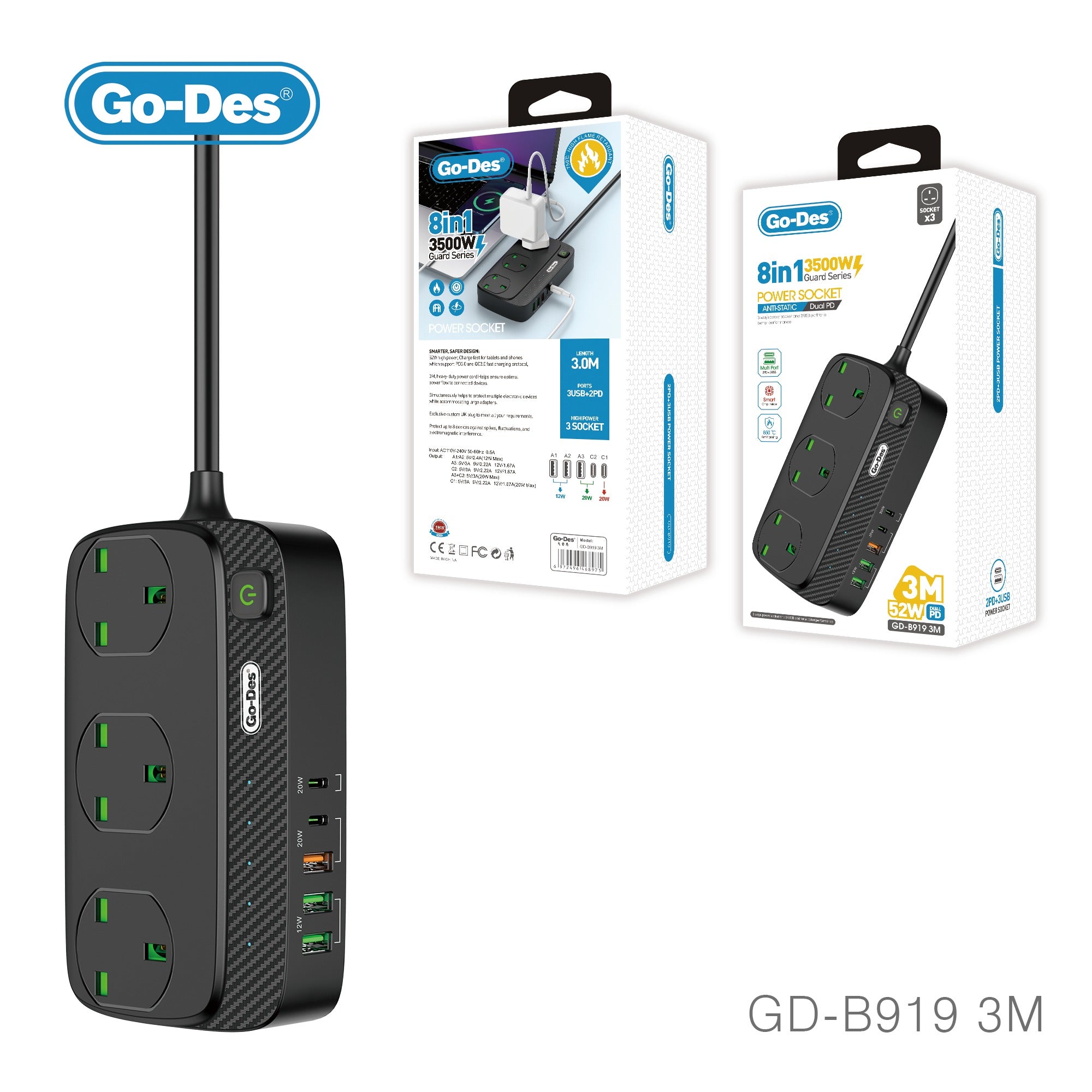 محول 8 في 1 2PD+3USB بطول 3 متر وقوة 52 واط - GD-B919 محول 8 في 1 2PD+3USB بطول 3 متر وقوة 52 واط - GD-B919