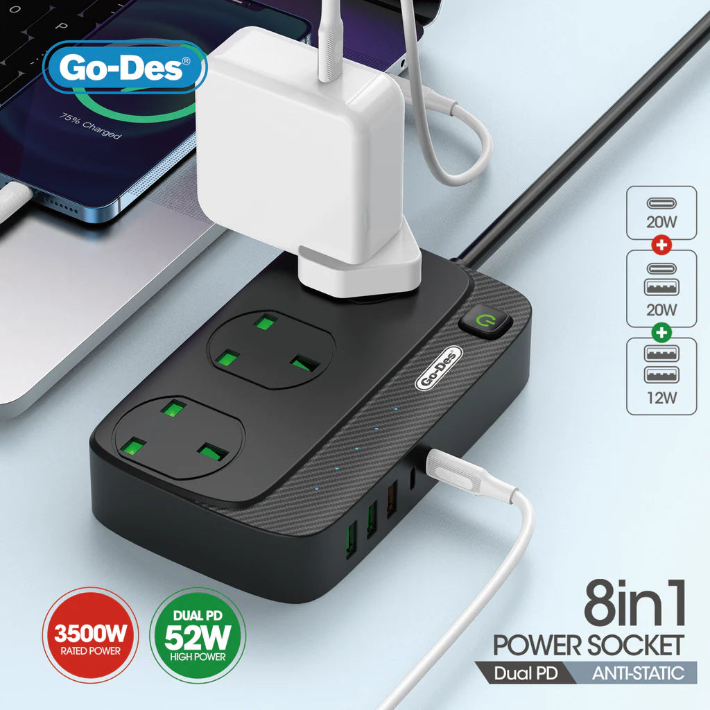 محول 8 في 1 2PD+3USB بطول 3 متر وقوة 52 واط - GD-B919 محول 8 في 1 2PD+3USB بطول 3 متر وقوة 52 واط - GD-B919