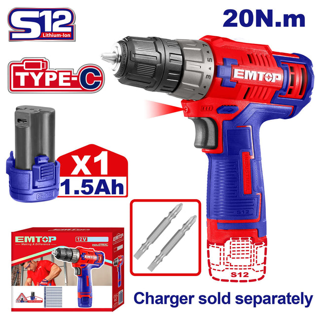 EMTOP 12V Lithium-Ion Cordless Drill