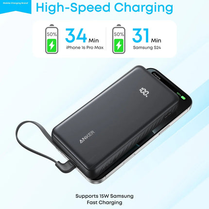 باور بانك Anker Zolo بسعة 20,000mAh وقدرة 22.5W — كابل USB-C مدمج