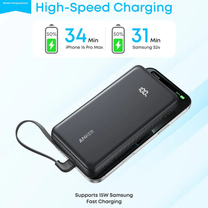 باور بانك Anker Zolo بسعة 20,000mAh مع شحن سريع 22.5W وكابل USB-C مدمج 