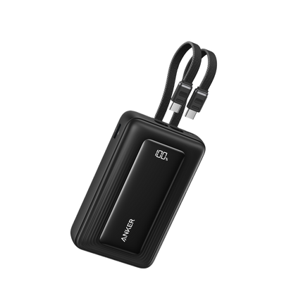 بنك طاقة أنكر (Anker) سعة 20,000 مللي أمبير بقوة 45 واط - مزود بكابلين USB-C مدمجين - شحن فائق السرعة - شاشة رقمية ذكية - لون أسود