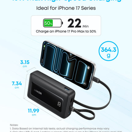 بنك طاقة أنكر (Anker) سعة 20,000 مللي أمبير بقوة 45 واط - مزود بكابلين USB-C مدمجين - شحن فائق السرعة - شاشة رقمية ذكية - لون أسود