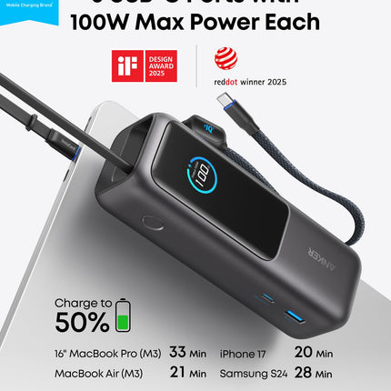 Anker Power Bank 25,000 mAh 165W Fast Charging with Built-In & Retractable Cables