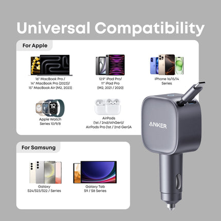 Anker Nano 75W USB-C Car Charger with Built-In Retractable USB-C Cable — Black