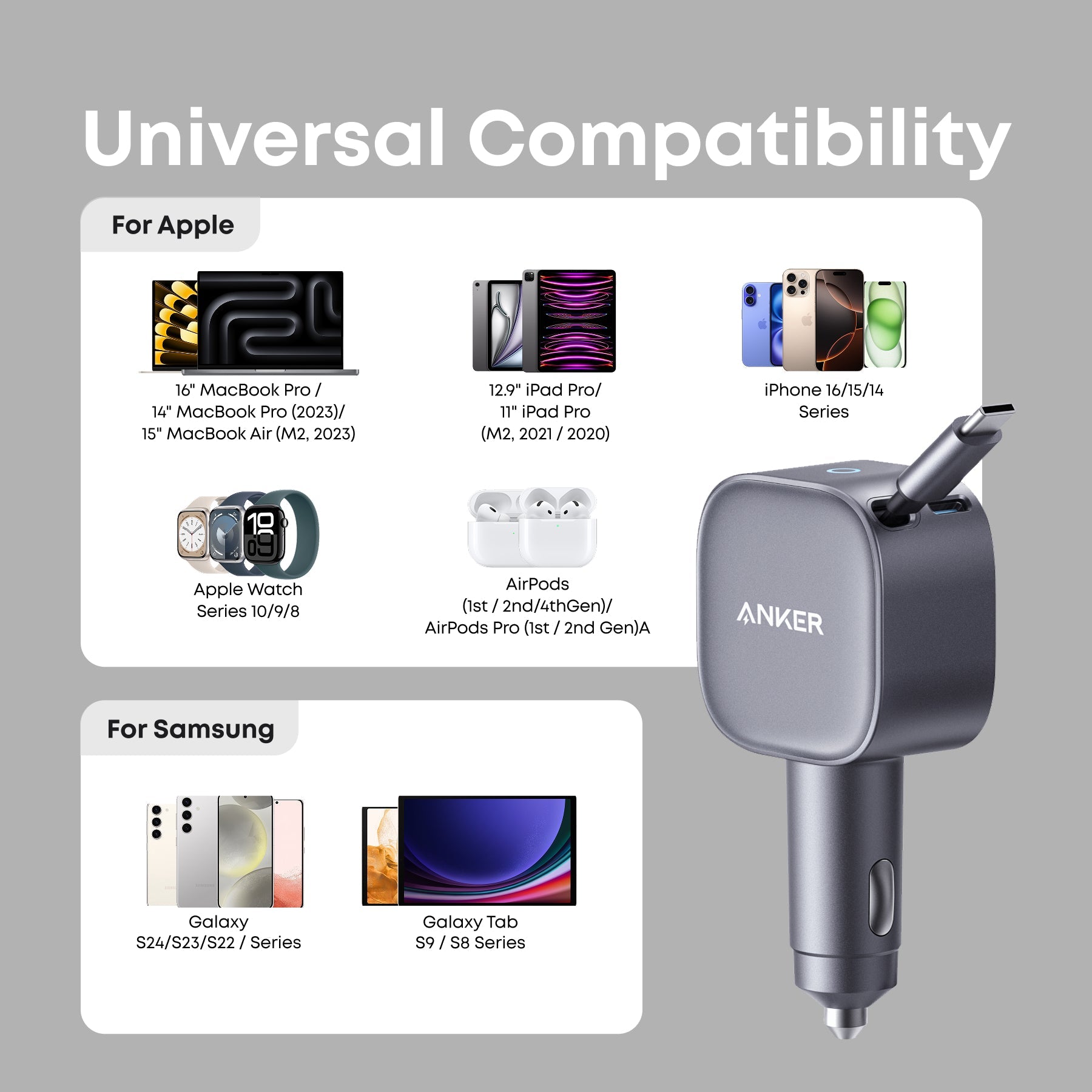 Anker Nano 75W USB-C Car Charger with Built-In Retractable USB-C Cable — Black Anker Nano 75W USB-C Car Charger with Built-In Retractable USB-C Cable — Black