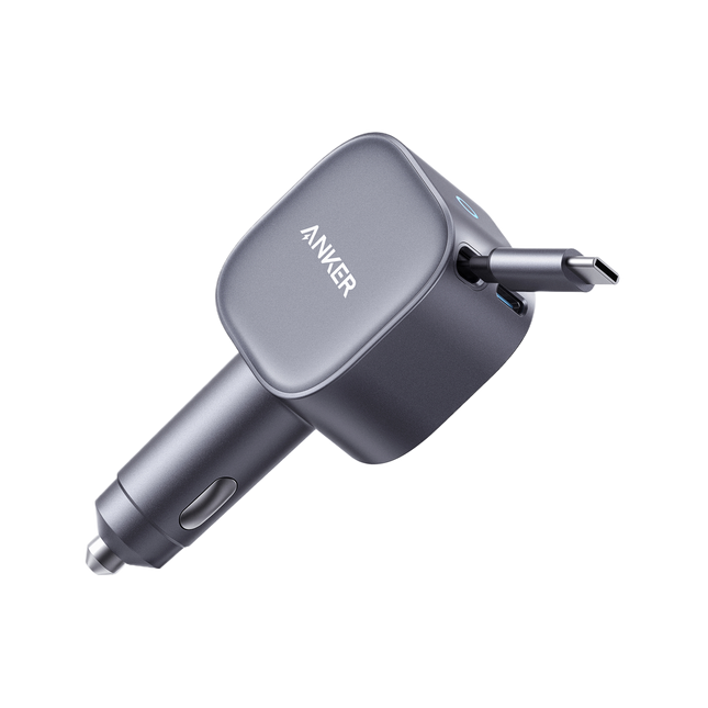 Anker Nano 75W USB-C Car Charger with Built-In Retractable USB-C Cable — Black