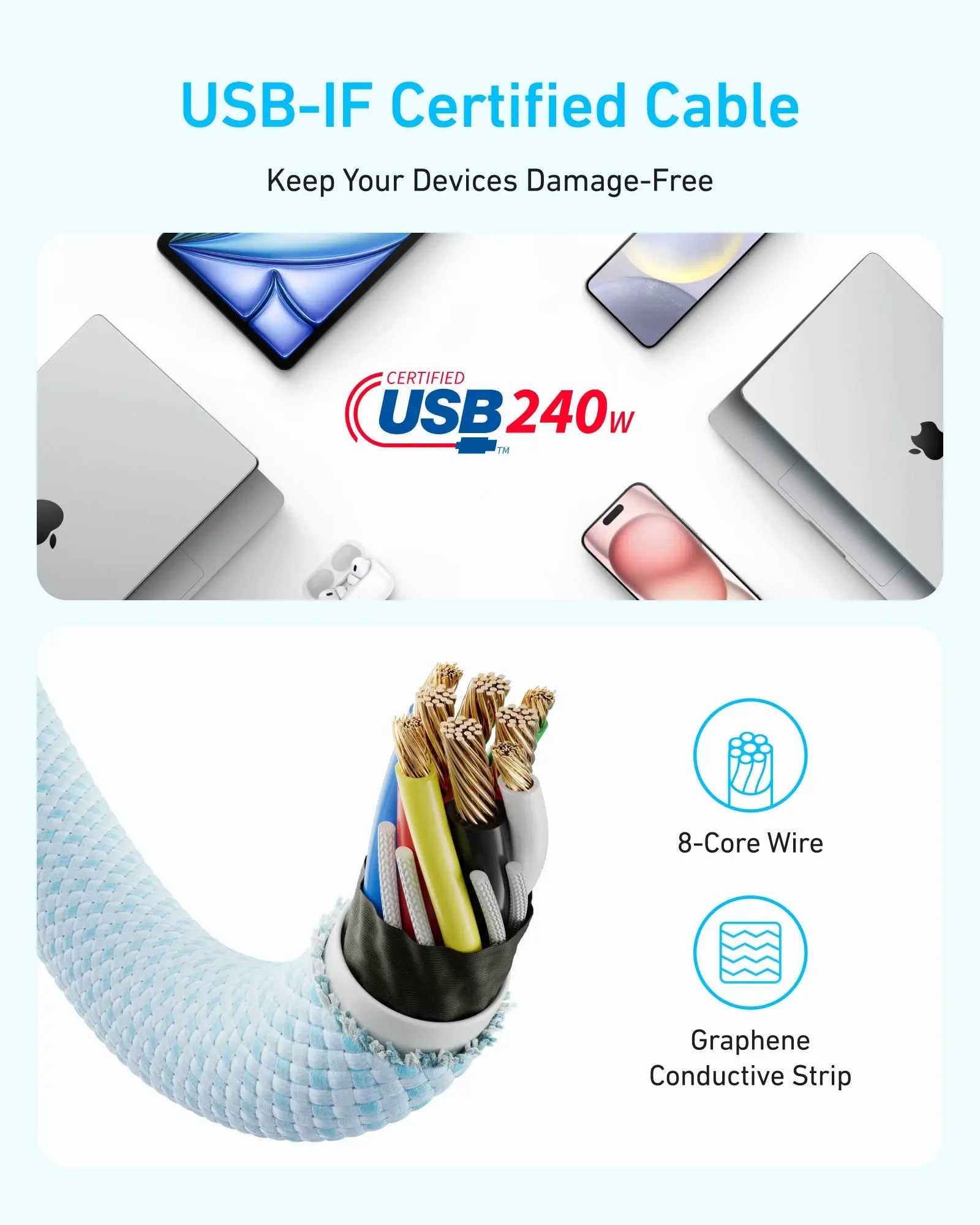 كابل أنكر زولو (Anker Zolo) من USB-C إلى USB-C - قدرة شحن 240 واط، قماش مضفر، وطول 1.8 متر (6 أقدام) كابل أنكر زولو (Anker Zolo) من USB-C إلى USB-C - قدرة شحن 240 واط، قماش مضفر، وطول 1.8 متر (6 أقدام)