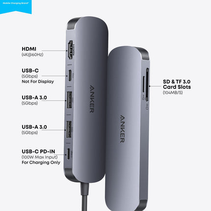موزع Anker USB-C بسبعة منافذ — HDMI بدقة 4K وشحن 85W (محول متعدد)