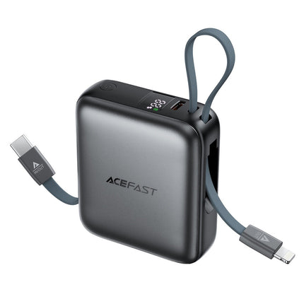 Acefast M23 10000mAh Power Bank 22.5W Fast Charging, Built-in Dual Cables (USB-C & Lightning), Digital Display Portable Charger - Black