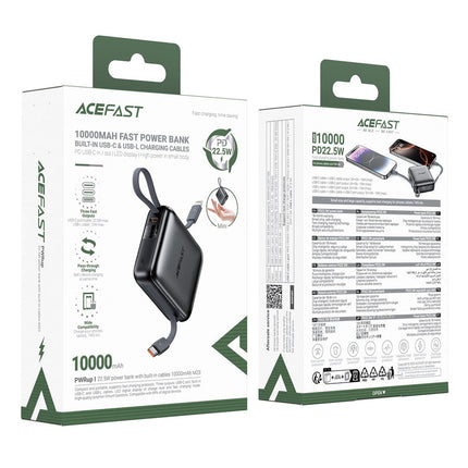 Acefast M23 10000mAh Power Bank 22.5W Fast Charging, Built-in Dual Cables (USB-C & Lightning), Digital Display Portable Charger - Black