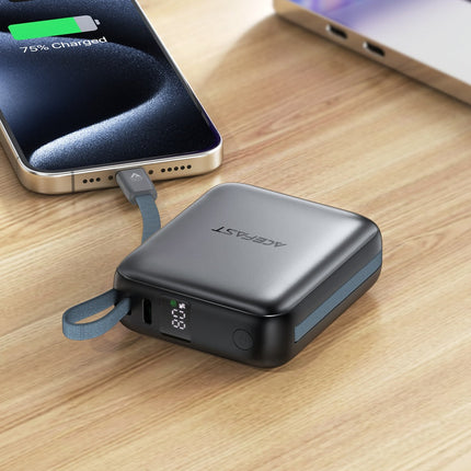 Acefast M23 10000mAh Power Bank 22.5W Fast Charging, Built-in Dual Cables (USB-C & Lightning), Digital Display Portable Charger - Black