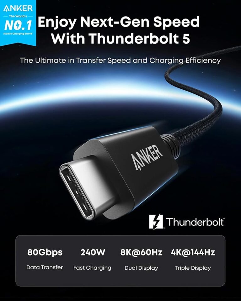 كابل ثندربولت 5 (Thunderbolt 5) - Anker Prime - سرعة نقل 80 جيجابت - قوة شحن 240 واط - يدعم فيديو 16K - نايلون مضفر - طول 1 متر كابل ثندربولت 5 (Thunderbolt 5) - Anker Prime - سرعة نقل 80 جيجابت - قوة شحن 240 واط - يدعم فيديو 16K - نايلون مضفر - طول 1 متر