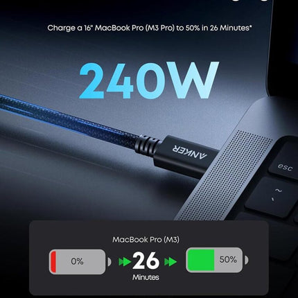 كابل ثندربولت 5 (Thunderbolt 5) - Anker Prime - سرعة نقل 80 جيجابت - قوة شحن 240 واط - يدعم فيديو 16K - نايلون مضفر - طول 1 متر