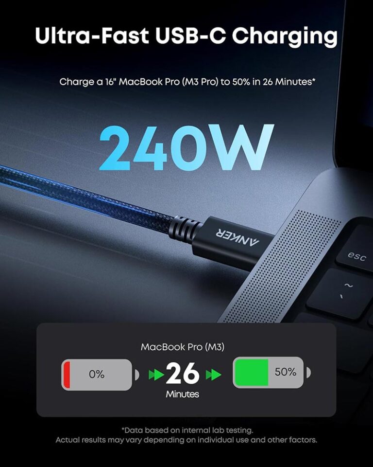 كابل ثندربولت 5 (Thunderbolt 5) - Anker Prime - سرعة نقل 80 جيجابت - قوة شحن 240 واط - يدعم فيديو 16K - نايلون مضفر - طول 1 متر كابل ثندربولت 5 (Thunderbolt 5) - Anker Prime - سرعة نقل 80 جيجابت - قوة شحن 240 واط - يدعم فيديو 16K - نايلون مضفر - طول 1 متر