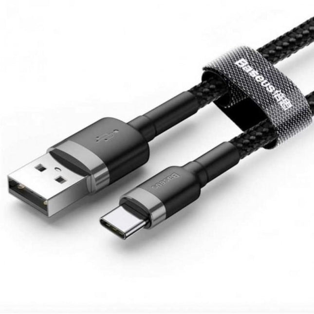 كابل شحن باسوس كافول (Baseus Cafule) - من USB إلى Type-C - قوة 3 أمبير - نايلون مضفر عالي الكثافة - رمادي وأسود