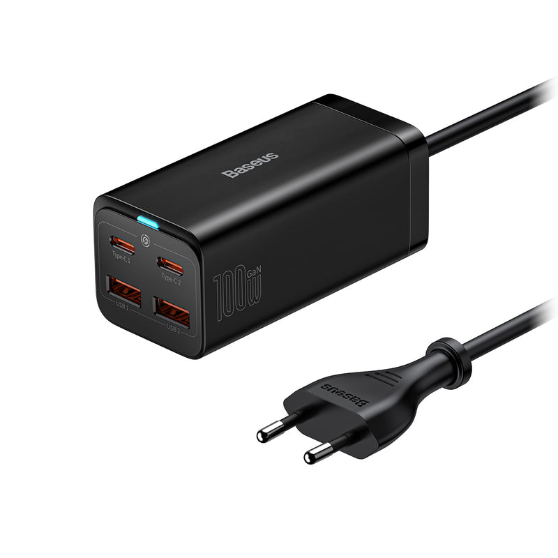 شاحن مكتب باسوس (Baseus GaN3 Pro) بقوة 100 واط - منصة شحن 4 منافذ (2 USB-C + 2 USB-A) - تقنية GaN3 - يشمل سلك Type-C بقوة 100 واط - أسود