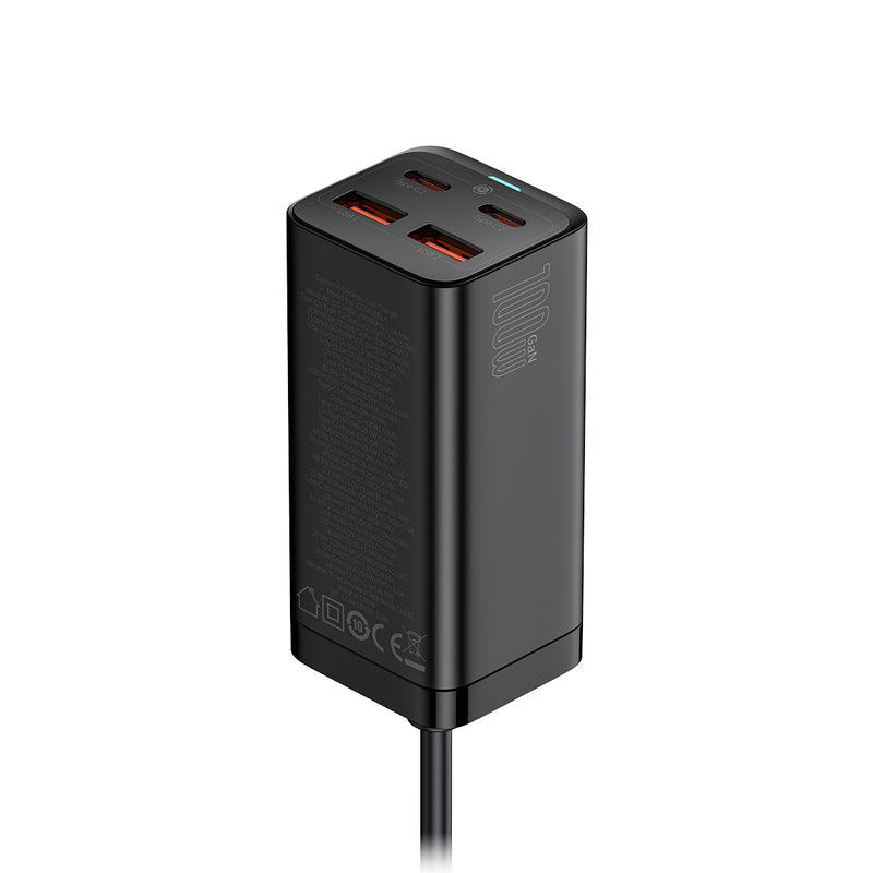 Baseus GaN3 Pro 100W Desktop Charger - 4-Port Fast Charging Station (2 USB-C + 2 USB-A) - GaN Technology - Includes 100W Type-C Cable - Compact Design - Black Baseus GaN3 Pro 100W Desktop Charger - 4-Port Fast Charging Station (2 USB-C + 2 USB-A) - GaN Technology - Includes 100W Type-C Cable - Compact Design - Black