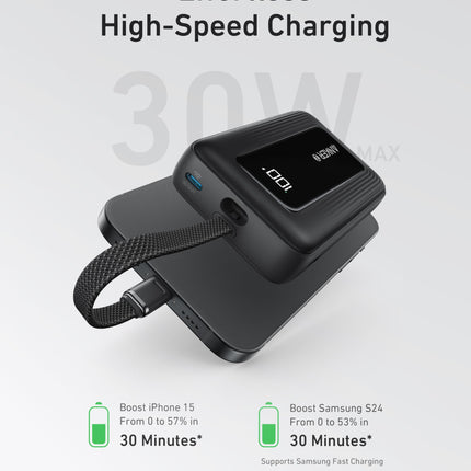 باور بانك Anker Zolo بسعة 10,000mAh وقدرة 30W — كابل USB-C مدمج بطول 5.4 إنش