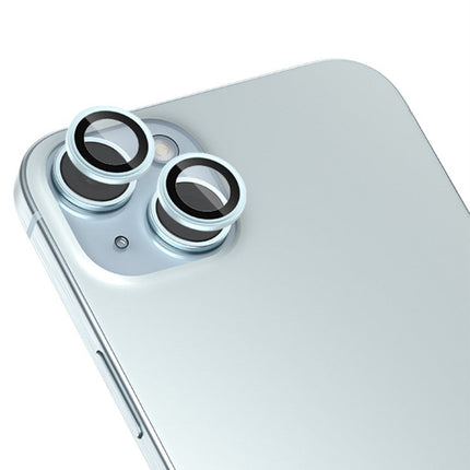 واقي عدسة زجاجي بإطار معدني أصلي من BLUEO NPB27 (قطعتان/عبوة) لهاتف iPhone 15 (6.1″/6.7″) - أزرق