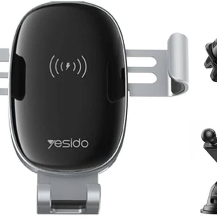 حامل هاتف لاسلكي للسيارة من سبائك الألومنيوم بقوة 15 واط من Yesido C123 (2 في 1: AC Clip and Suction Mount)