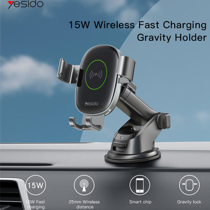 حامل هاتف لاسلكي للسيارة من سبائك الألومنيوم بقوة 15 واط من Yesido C123 (2 في 1: AC Clip and Suction Mount)