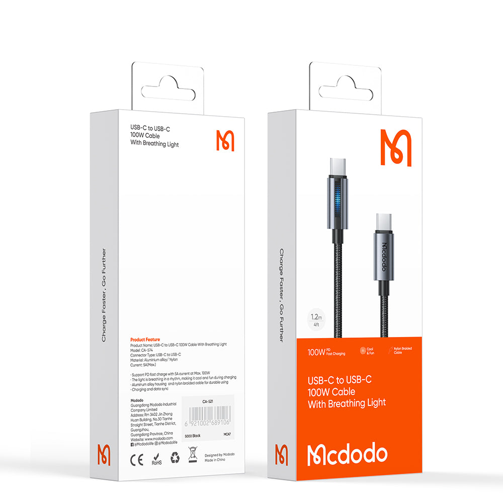 كابل شحن وبيانات USB-C إلى USB-C بقوة 100 واط بطول 1.2 متر من Mcdodo Breathing Light CA-5740 كابل شحن وبيانات USB-C إلى USB-C بقوة 100 واط بطول 1.2 متر من Mcdodo Breathing Light CA-5740