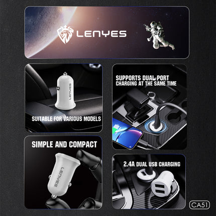 Lenyes CA52 Dual USB Car Charger - 2.4A Fast Charging - Intelligent Power Management - Compact Safety Design - White