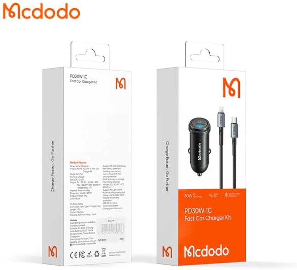 شاحن سيارة سريع PD بقوة 30 واط من Mcdodo مع كابل USB-C إلى Lightning CC-7492 شاحن سيارة سريع PD بقوة 30 واط من Mcdodo مع كابل USB-C إلى Lightning CC-7492