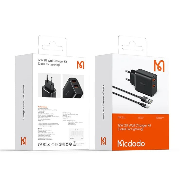 شاحن مزدوج USB بقوة 12 واط من Mcdodo (EU) مع كابل USB-A إلى Lightning CH-5071 شاحن مزدوج USB بقوة 12 واط من Mcdodo (EU) مع كابل USB-A إلى Lightning CH-5071