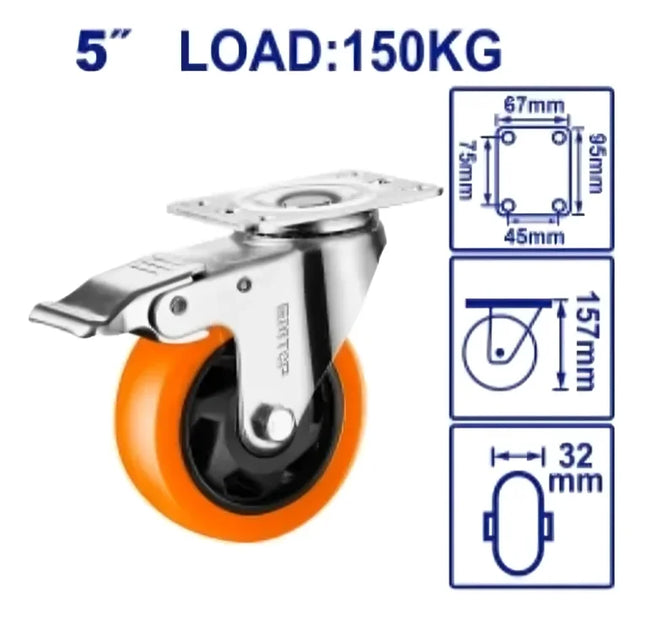 EMTOP EMJL2353   5inch Swivel Caster Wheel with Brake – Orange