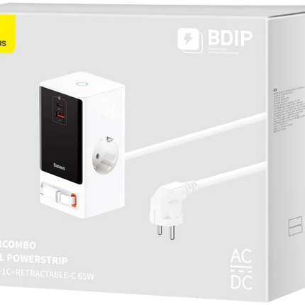 Baseus PowerCombo Digital PowerStrip 65W Smart Version - 6-in-1 Charging Station - 2 AC Outlets - 2 USB-C Ports - 2 USB-A Ports - GaN5 Technology - Real-time Digital Display - 1.5m Power Cord - Advanced Safety Protection
