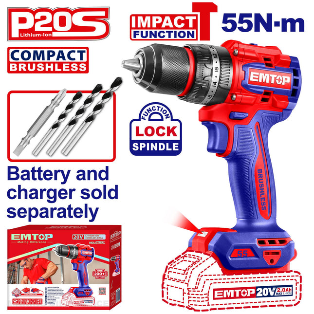 EMTOP ECIDL205581 20V Brushless Cordless Impact Drill

