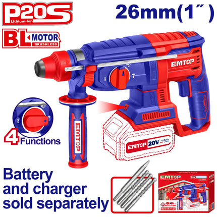 EMTOP ELRH20228 20V Cordless Rotary Hammer

