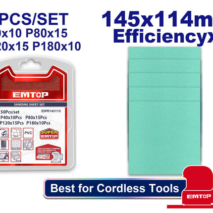 EMTOP ESPR145115 Sandpaper Sheet Set – 145×114mm (50 Pieces)
