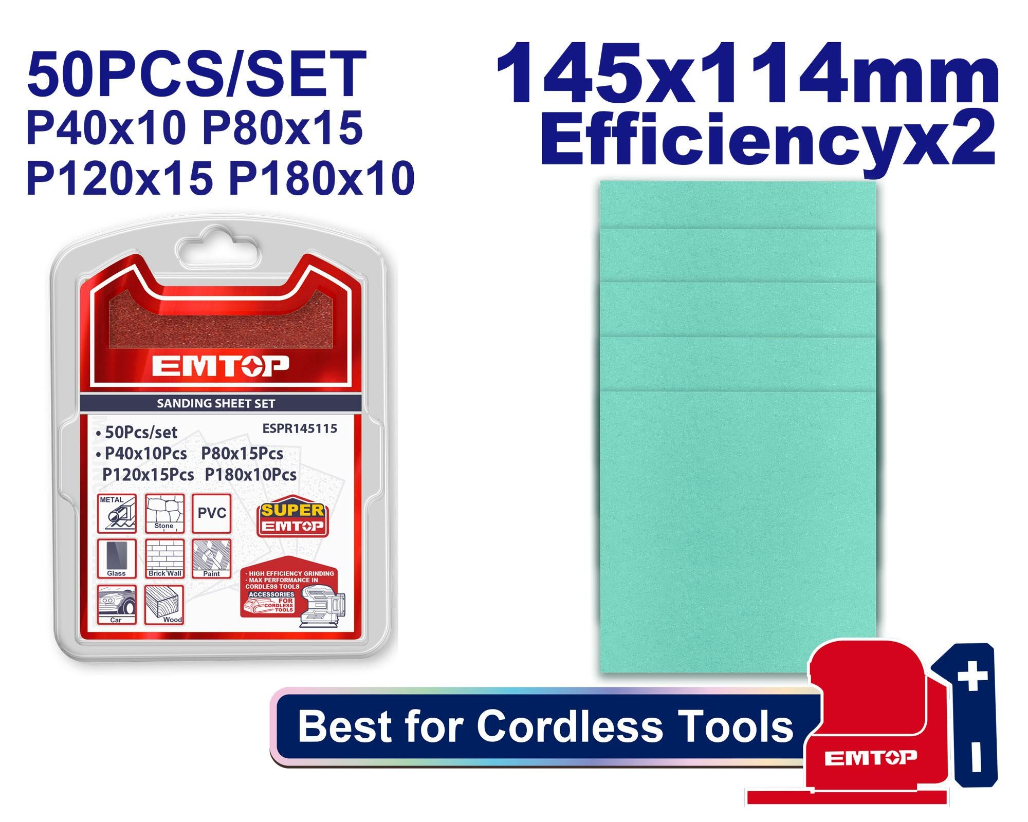 EMTOP ESPR145115 Sandpaper Sheet Set – 145×114mm (50 Pieces) EMTOP ESPR145115 Sandpaper Sheet Set – 145×114mm (50 Pieces)