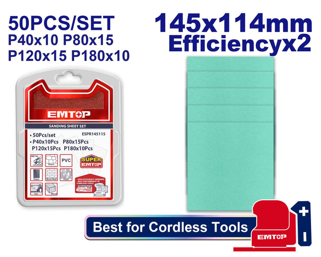 EMTOP ESPR145115 Sandpaper Sheet Set – 145×114mm (50 Pieces)
