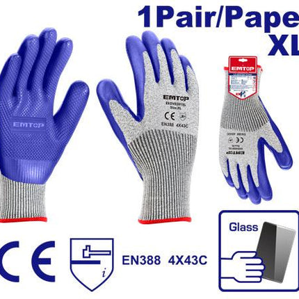 EMTOP EXGV0301XL Heavy-Duty Cut-Resistant Gloves (Blue, XL)