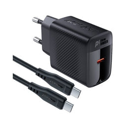 بكج شاحن أيس فاست (Acefast A82) سريع بقوة 20 واط مع كابل USB-C إلى Lightning، تقنية GaN المتطورة وحماية ذكية للأجهزة - أسود
