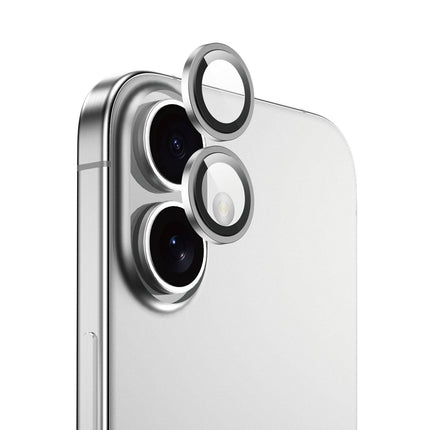 واقي عدسة زجاجي بإطار معدني أصلي من BLUEO NPB28 (قطعتان/عبوة) لهاتف iPhone 16/16 Plus - فضي ماسي