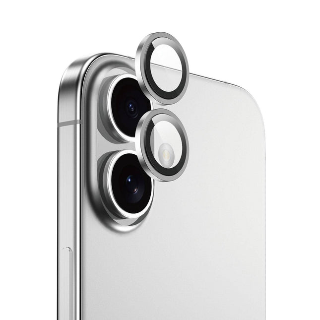 واقي عدسة زجاجي بإطار معدني أصلي من BLUEO NPB28 (قطعتان/عبوة) لهاتف iPhone 16/16 Plus - فضي ماسي