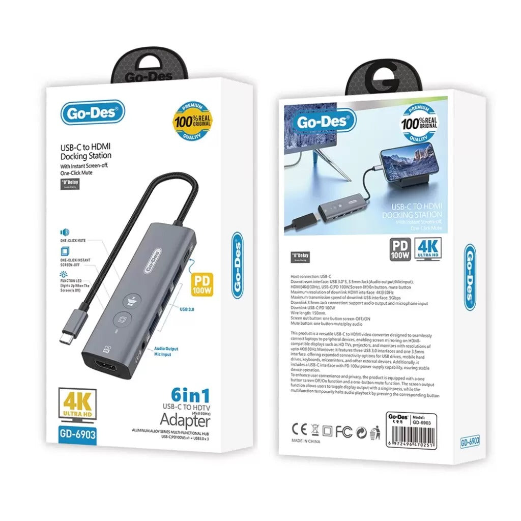 محطة إرساء 4K Ultra HD 6 في 1 USB-C HDMI مع شاشة فورية GD-6903 محطة إرساء 4K Ultra HD 6 في 1 USB-C HDMI مع شاشة فورية GD-6903