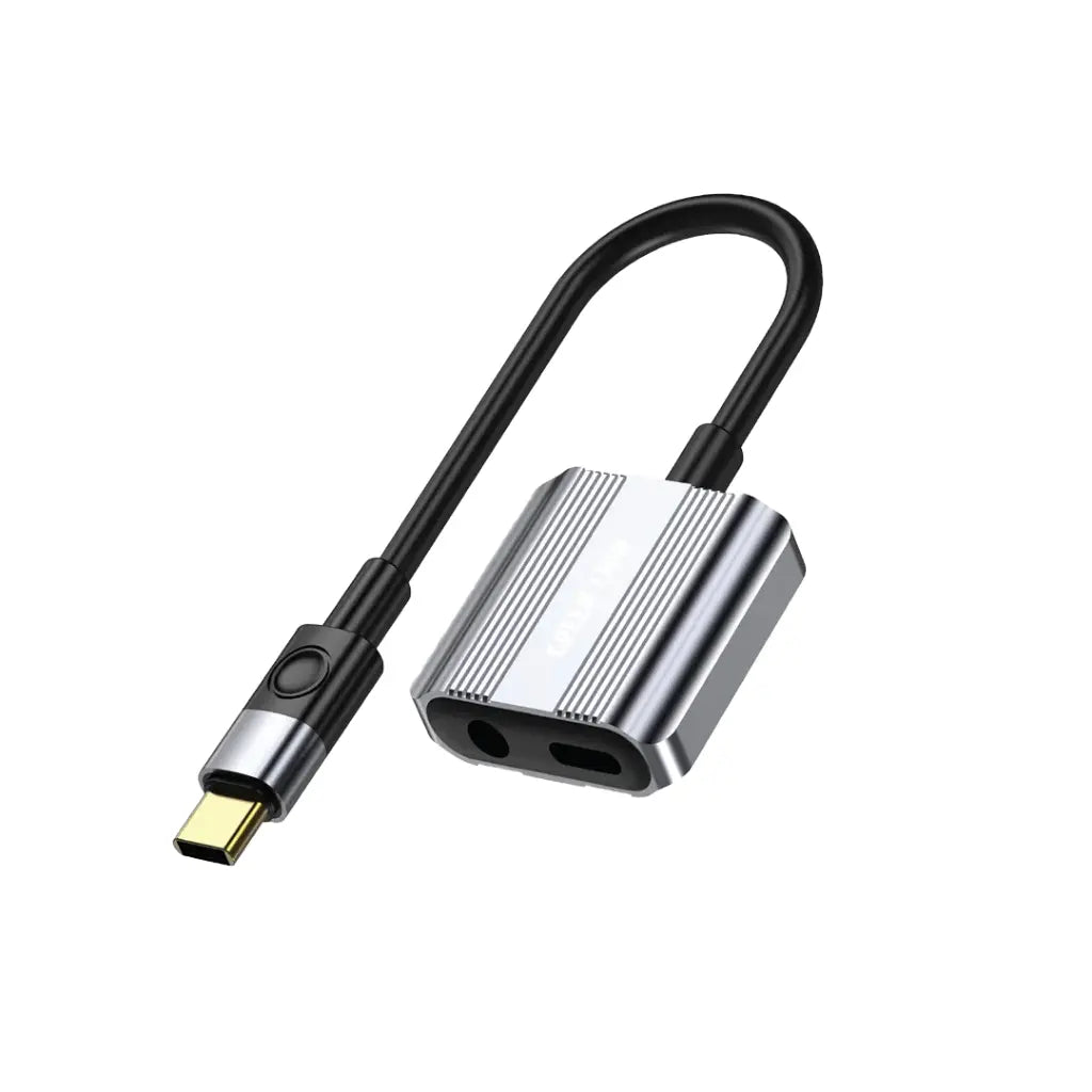 Green Lion 2-in-1 Type-C Splitter Adapter - USB-C to 3.5mm AUX & USB-C Charging Port - Grey