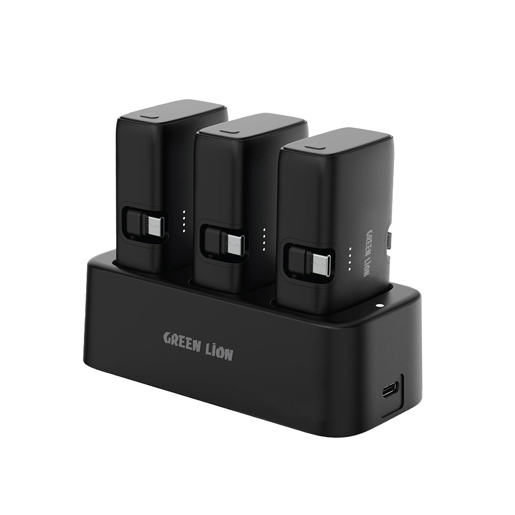 Green Lion 3-in-1 Power Bank Station - Charging Dock with 3x 5000mAh Portable Batteries - Built-in Lightning & USB-C Connectors - Desktop Charging Hub - Black